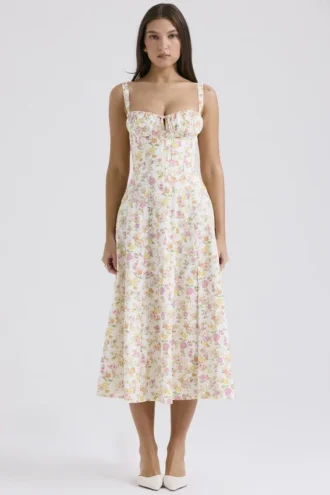 Carmen Elfenbeinfarbenes Baumwoll-Bustier-Sommerkleid mit Wiesenprint