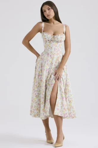 Carmen Hellblaues Baumwoll-Bustier-Sommerkleid mit Wiesenprint