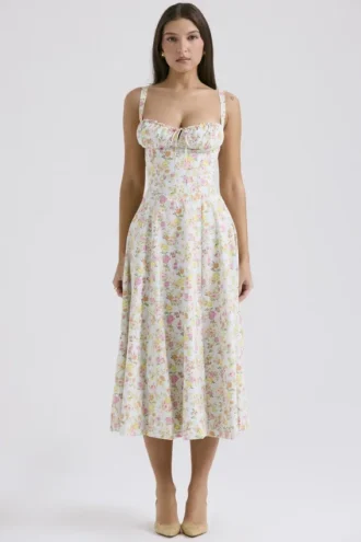 Carmen Hellblaues Baumwoll-Bustier-Sommerkleid mit Wiesenprint