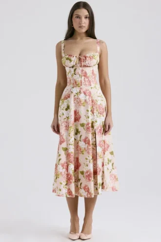 Carmen – Rosa Baumwoll-Bustier-Sommerkleid mit Pfingstrosenprint