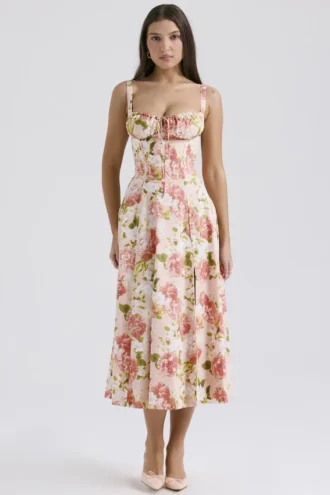 Carmen – Rosa Baumwoll-Bustier-Sommerkleid mit Pfingstrosenprint
