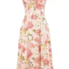 Carmen – Rosa Baumwoll-Bustier-Sommerkleid mit Pfingstrosenprint Carmen – Rosa Baumwoll-Bustier-Sommerkleid mit Pfingstrosenprint