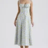 Carmen – Weiches blaues Vintage-Bustier-Sommerkleid aus Baumwolle mit Blumenprint