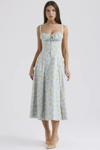 Carmen – Weiches blaues Vintage-Bustier-Sommerkleid aus Baumwolle mit Blumenprint