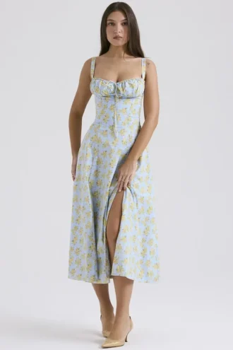 Carmen – Weiches blaues Vintage-Bustier-Sommerkleid aus Baumwolle mit Blumenprint