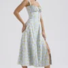 Carmen – Weiches blaues Vintage-Bustier-Sommerkleid aus Baumwolle mit Blumenprint