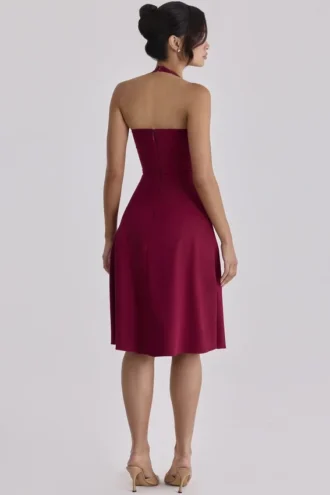 Carolla Weinrotes Midi-Kleid aus weichem Twill mit Neckholder