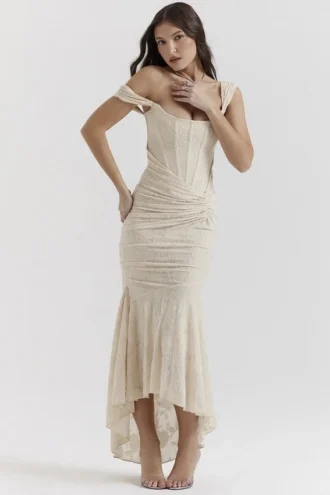 Cesca Vintage-Maxikleid in Creme mit Blumenmuster