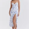 Charlotte Midi-Kleid mit blauem Print und Korsett