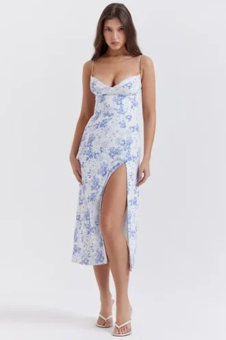 Charlotte Midi-Kleid mit blauem Print und Korsett