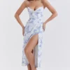 Charlotte Midi-Kleid mit blauem Print und Korsett