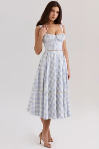 Chiarina – hellblaues Midi-Kleid aus Stretch-Baumwolle mit Vichy-Karomuster