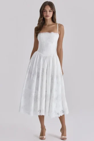 Chloe Weißes Midi-Sommerkleid aus maßgefertigter Spitze und Baumwolle
