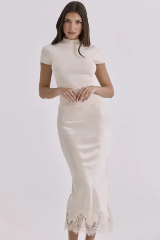 Ciara Vintage Midi-Rock aus elfenbeinfarbenem Satin und Spitze