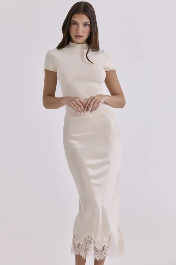 Ciara Vintage Midi-Rock aus elfenbeinfarbenem Satin und Spitze Ciara Vintage Midi-Rock aus elfenbeinfarbenem Satin und Spitze