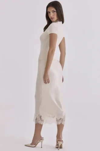Ciara Vintage Midi-Rock aus elfenbeinfarbenem Satin und Spitze