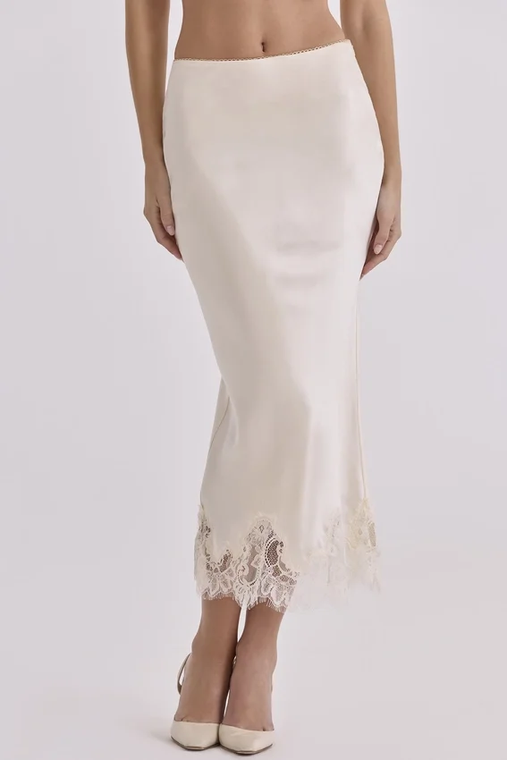 Ciara Vintage Midi-Rock aus elfenbeinfarbenem Satin und Spitze Ciara Vintage Midi-Rock aus elfenbeinfarbenem Satin und Spitze