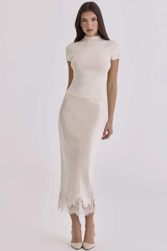 Ciara Vintage Midi-Rock aus elfenbeinfarbenem Satin und Spitze Ciara Vintage Midi-Rock aus elfenbeinfarbenem Satin und Spitze