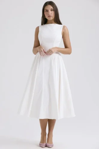 Cindy Weißes Midi-Sommerkleid aus Twill
