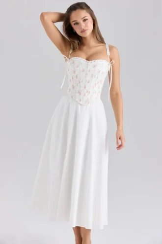 Clarabelle Midi-Sommerkleid aus Baumwolle mit Rosenprint und abnehmbarem Korsett Clarabelle Midi-Sommerkleid aus Baumwolle mit Rosenprint und abnehmbarem Korsett