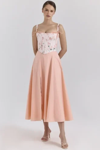 Clarabelle Pfirsichfarbenes Baumwoll-Midi-Sommerkleid mit abnehmbarem Korsett