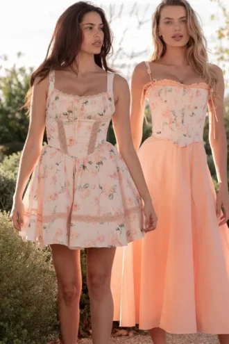 Clarabelle Pfirsichfarbenes Baumwoll-Midi-Sommerkleid mit abnehmbarem Korsett