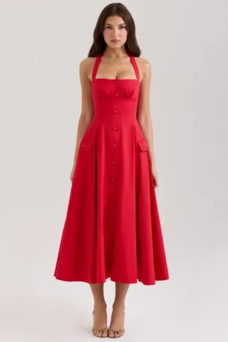Claudia – Midi-Kleid aus roter Stretch-Baumwolle mit Knöpfen und Neckholder-Ausschnitt