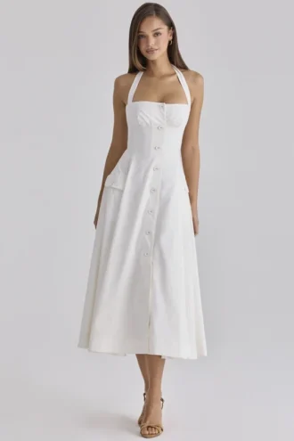 Claudia – Weißes Midi-Kleid aus Baumwolle mit Neckholder