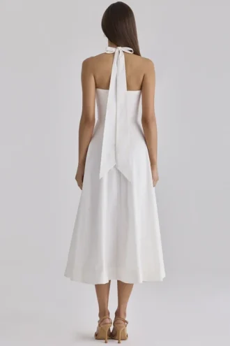 Claudia – Weißes Midi-Kleid aus Baumwolle mit Neckholder