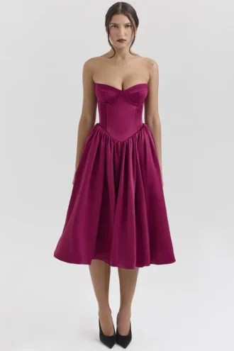 Coco Midi-Kleid aus burgunderrotem Satin-Tüll