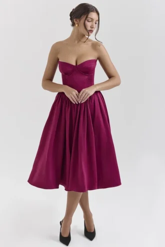 Coco Midi-Kleid aus burgunderrotem Satin-Tüll