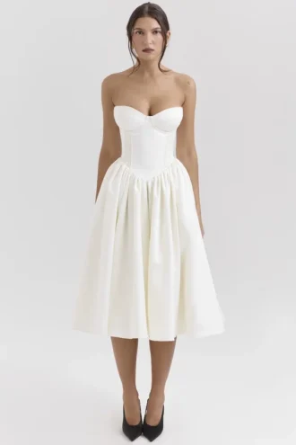 Coco Vintage Midi-Kleid aus elfenbeinfarbenem Satin