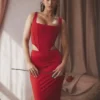Colette Scarlet Satin-Midirock mit niedriger Taille Colette Scarlet Satin-Midirock mit niedriger Taille