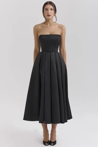 Contessa Schwarzes trägerloses Midi-Korsetts-Kleid aus Satin