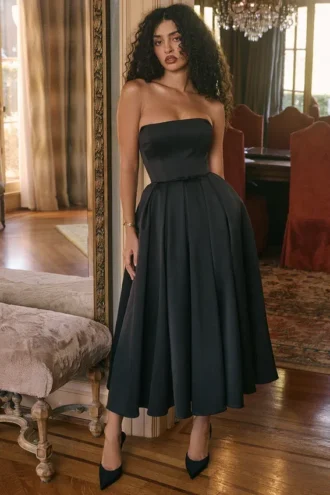 Contessa Schwarzes trägerloses Midi-Korsetts-Kleid aus Satin