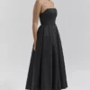 Contessa Schwarzes trägerloses Midi-Korsetts-Kleid aus Satin Contessa Schwarzes trägerloses Midi-Korsetts-Kleid aus Satin
