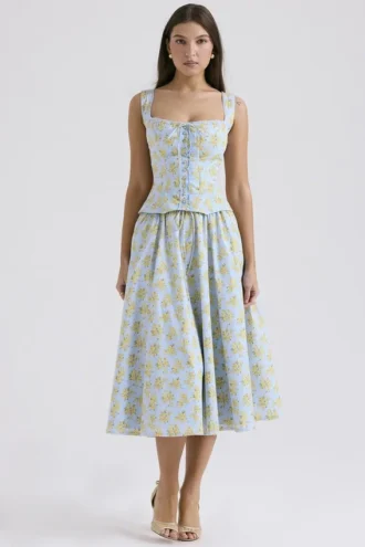 Cora Midi-Rock aus Baumwolle mit zartblauem Vintage-Blumenprint Cora Midi-Rock aus Baumwolle mit zartblauem Vintage-Blumenprint