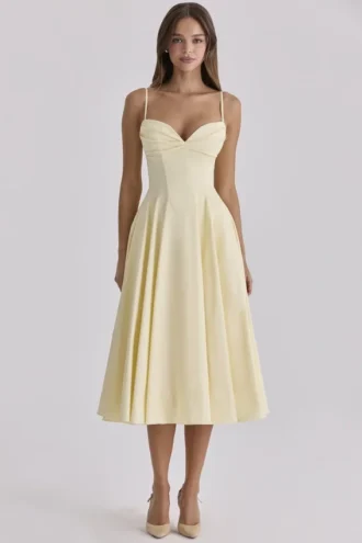 Dahlia Lemon Baumwoll-Midi-Sommerkleid im Prinzess-Schnitt