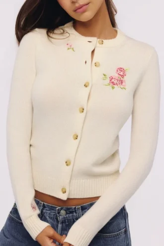 Daisie Elfenbein-Strickjacke aus Wolle und Kaschmir mit Blumenstickerei