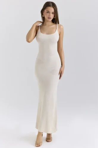 Dara Ecru Rose besticktes Maxikleid