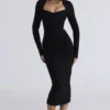 Das Naomi Black Langarm-Bandage-Midi-Kleid Das Naomi Black Langarm-Bandage-Midi-Kleid