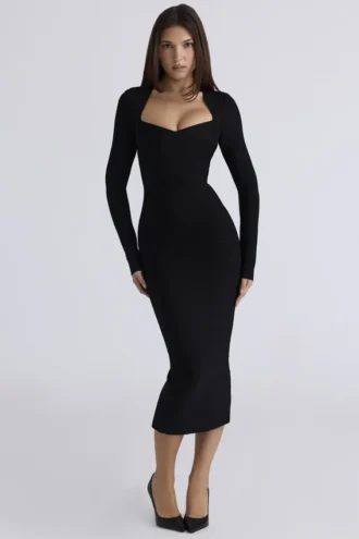 Das Naomi Black Langarm-Bandage-Midi-Kleid