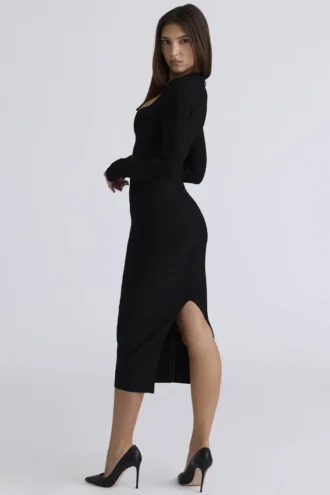 Das Naomi Black Langarm-Bandage-Midi-Kleid