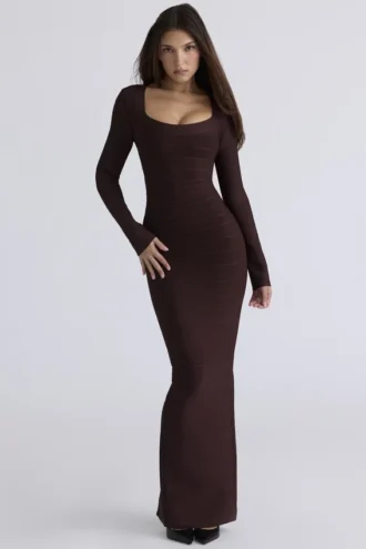 Das OG Chocolat Langarm-Bandage-Maxikleid