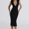 Das schwarze Bandage-Midi-Kleid mit tiefem Ausschnitt Das schwarze Bandage-Midi-Kleid mit tiefem Ausschnitt