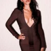 Das Super Plunge Chocolate Langarm-Bandage-Minikleid Das Super Plunge Chocolate Langarm-Bandage-Minikleid