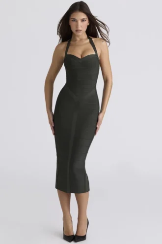 Das Supermodel Emerald Halter Neck Bandage Midi-Kleid