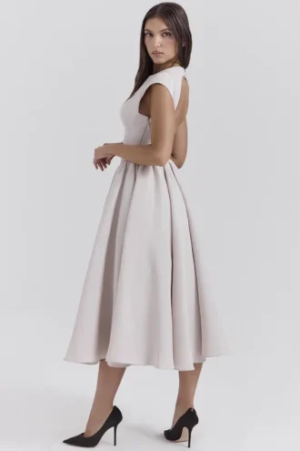 Debutante French Dove Moiré-Satin-Midi-Kleider mit Rückenausschnitt