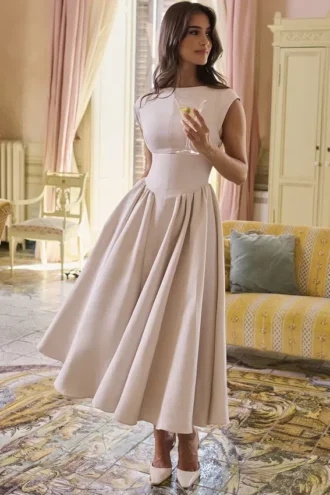 Debutante French Dove Moiré-Satin-Midi-Kleider mit Rückenausschnitt