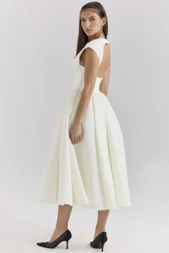Debutante Midi-Kleid aus elfenbeinfarbenem Moiré-Satin